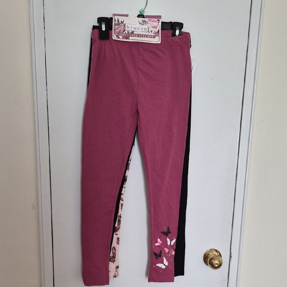 btween Girl's 3-Pack Cotton Blend Leggings Mix & Match Burgundy Black Pink